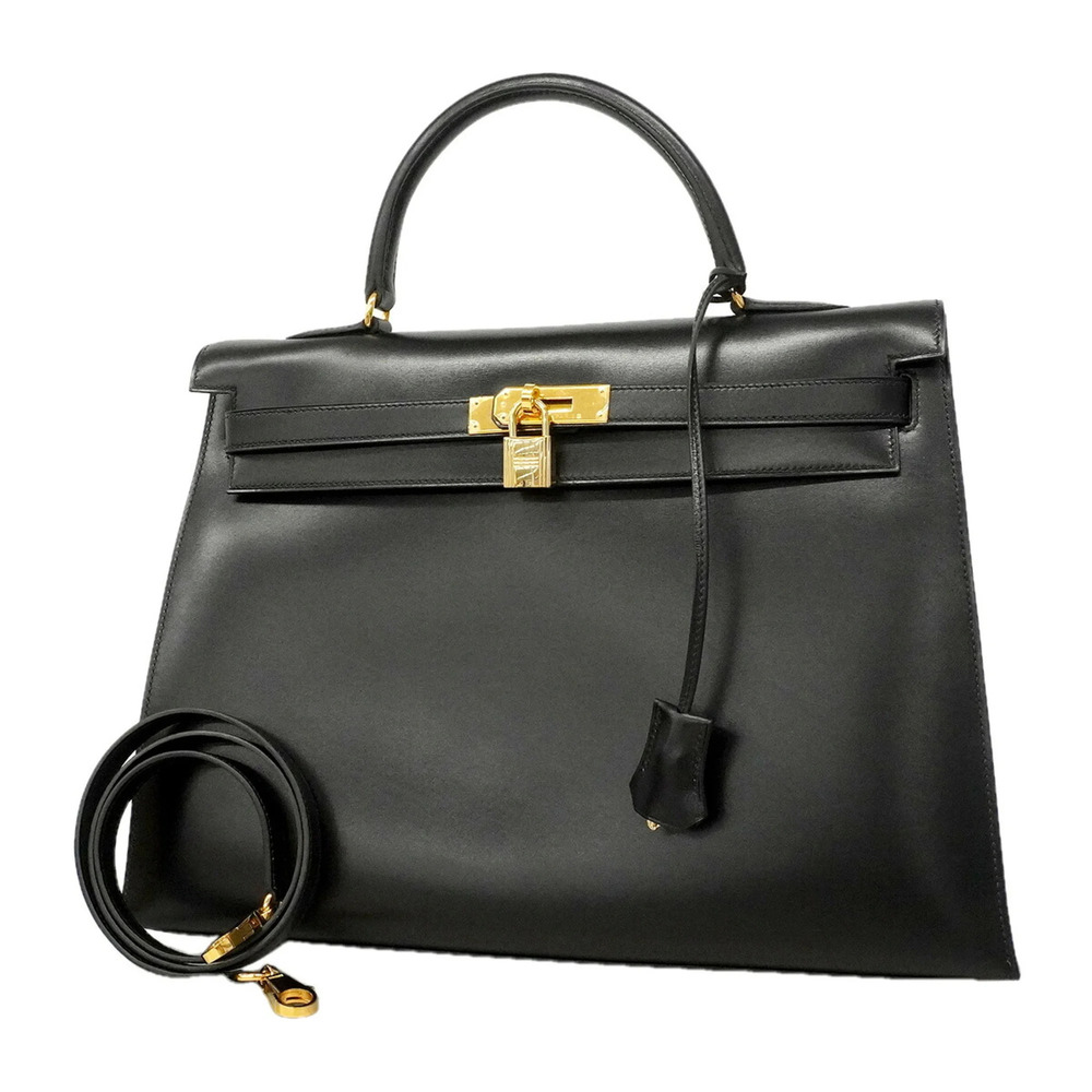 Hermes Kelly 35 Handbag, Box Calf Leather, Black, □C Stamp, 2-way Bag for Women